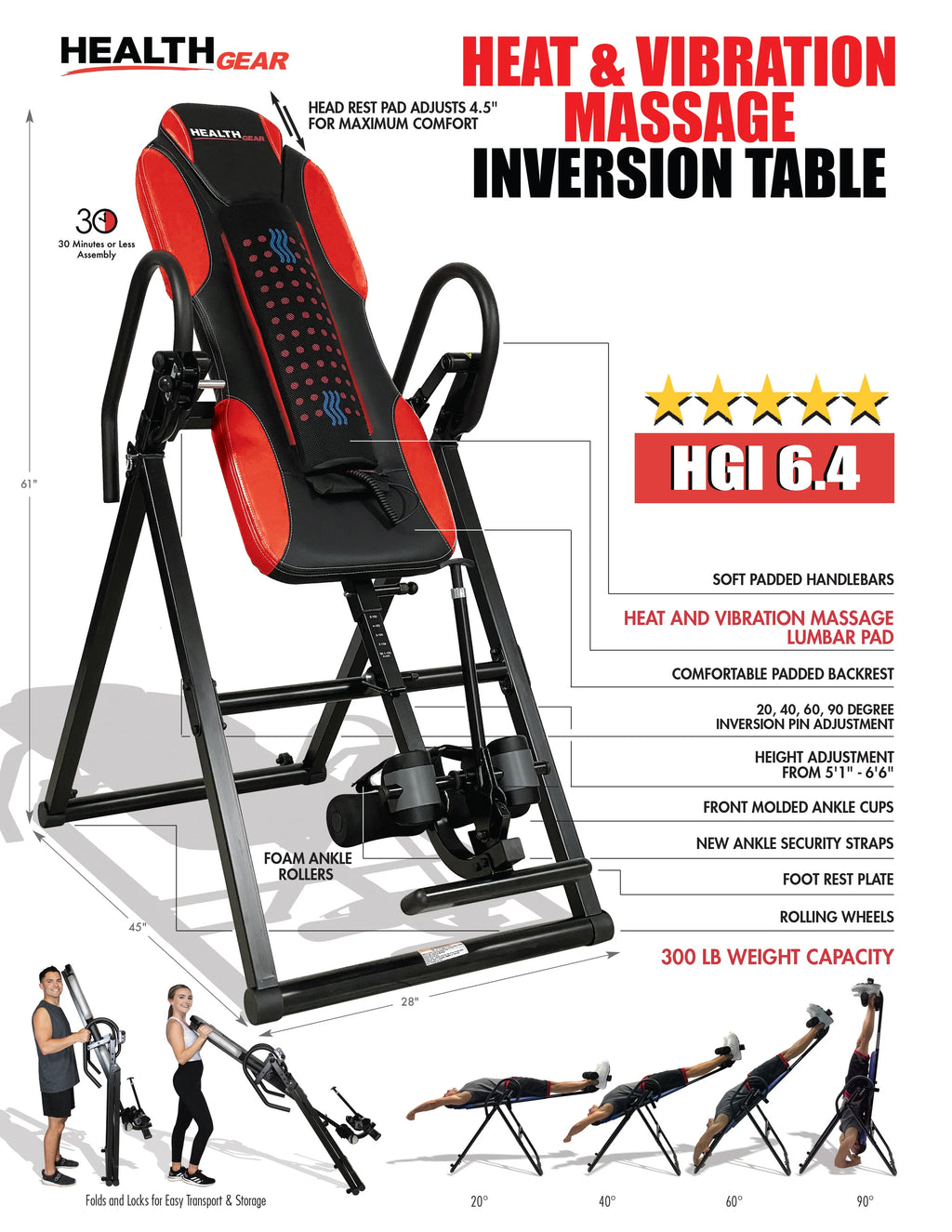 Black 300lb Weight Capacity Heat and Vibration Massage Inversion Table H131318