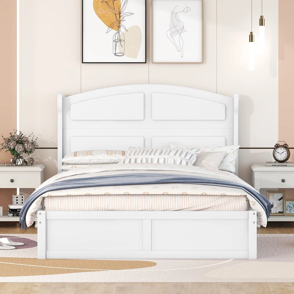 White Wood Queen Size Platform Bed with Trundle and 2 Drawers Q3613