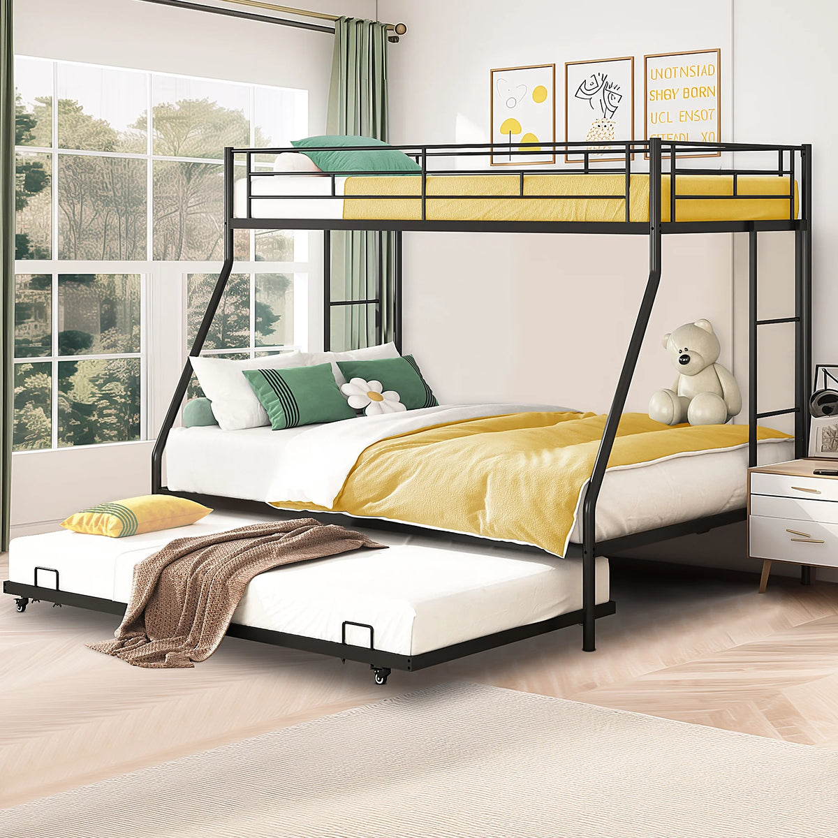 Black Twin Over Full Metal Bunk Beds with Trundle I926624